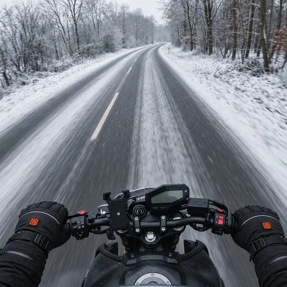 Rider's view of the handlebars on a snowy road while wearing heated gloves