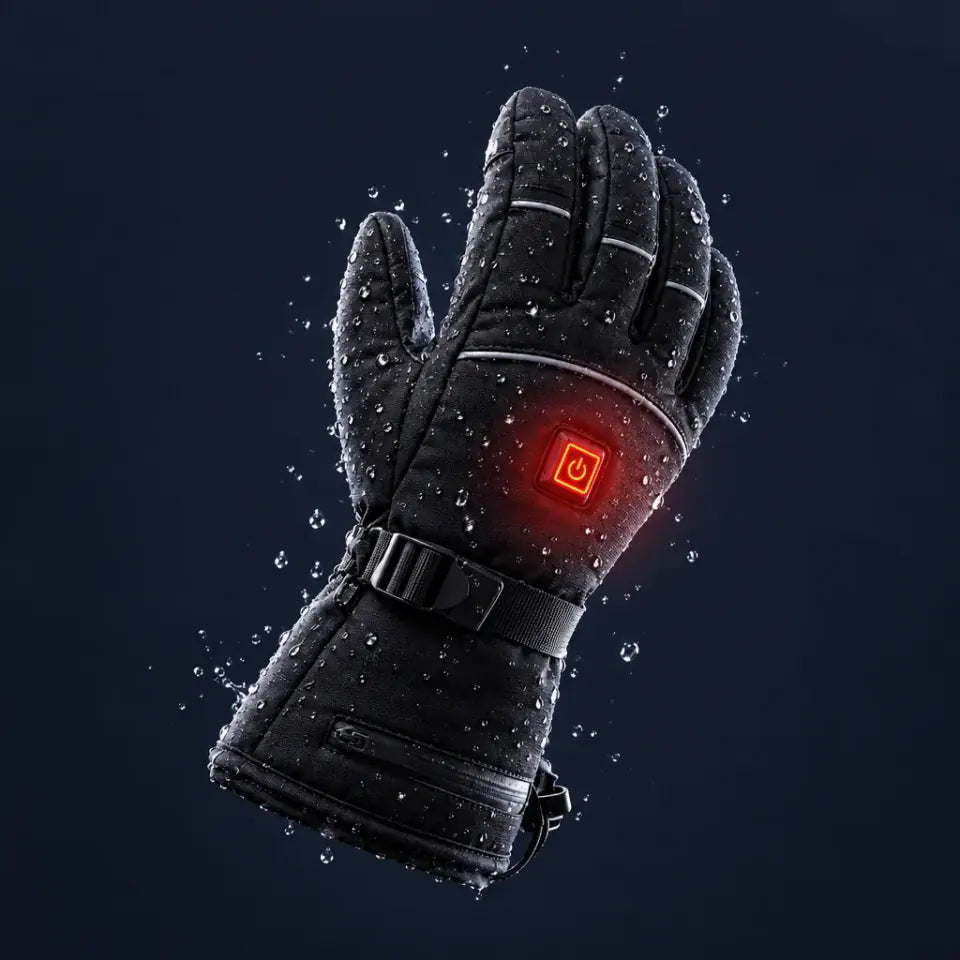 Heated glove with the control button lit and water beading on the shell