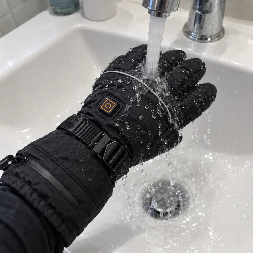 Heated glove held under a running tap to show the waterproof shell