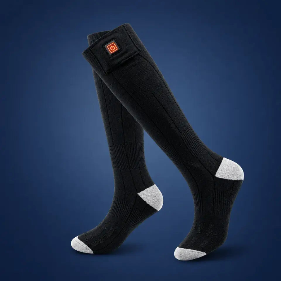 Pair of The Warm Chapter heated socks with the control button lit