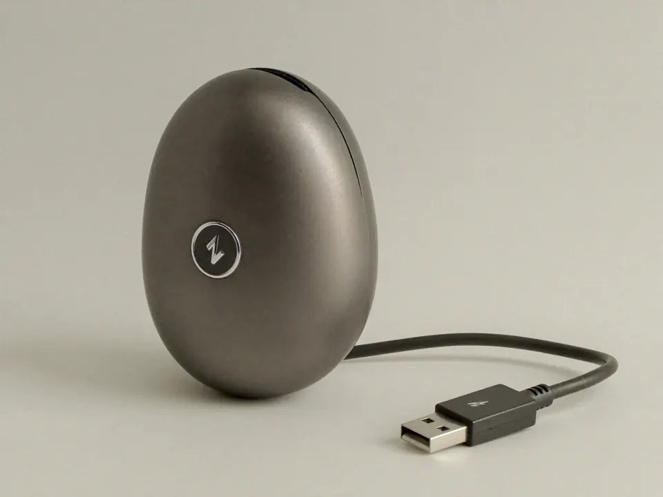 An egg-shaped rechargeable pocket hand warmer with a USB-C cable