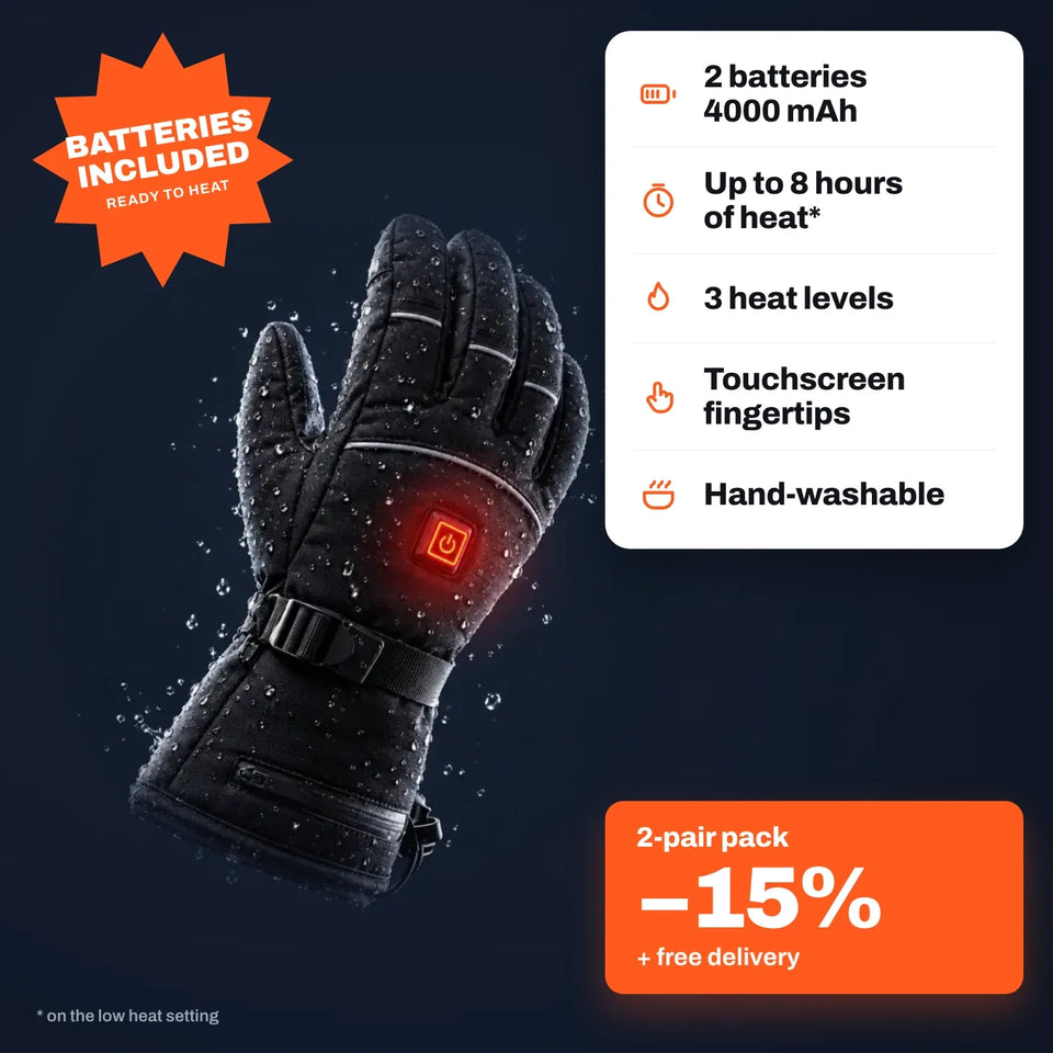 Heated gloves with water beading off them, beside a list of features: 2 batteries 4000 mAh, up to 8 hours of heat, 3 heat levels, touchscreen fingertips, hand-washable, and a 15% off two-pair pack offer